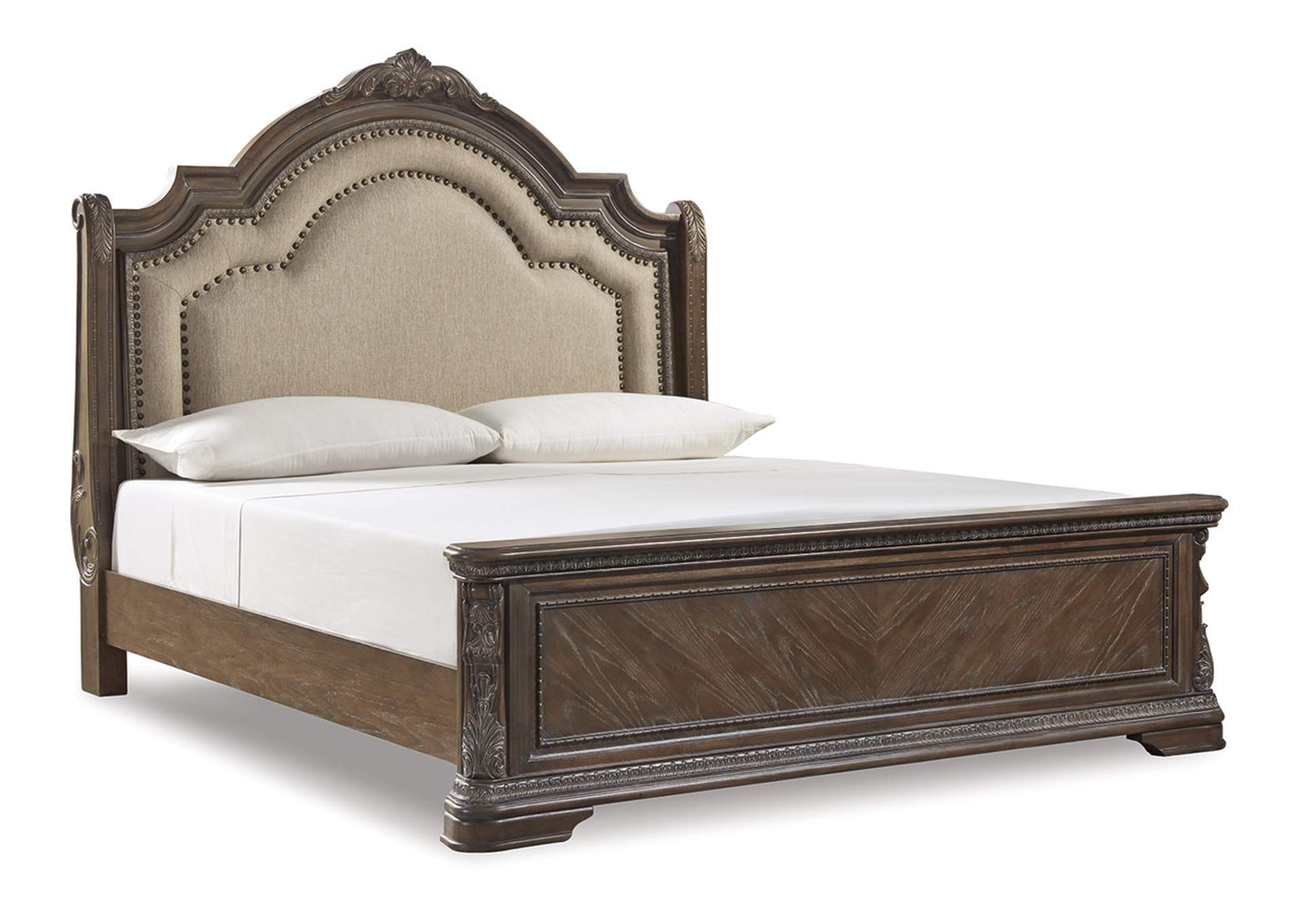 Brown Beige Charmond Queen Upholstered, Brown Sleigh Bed Frame