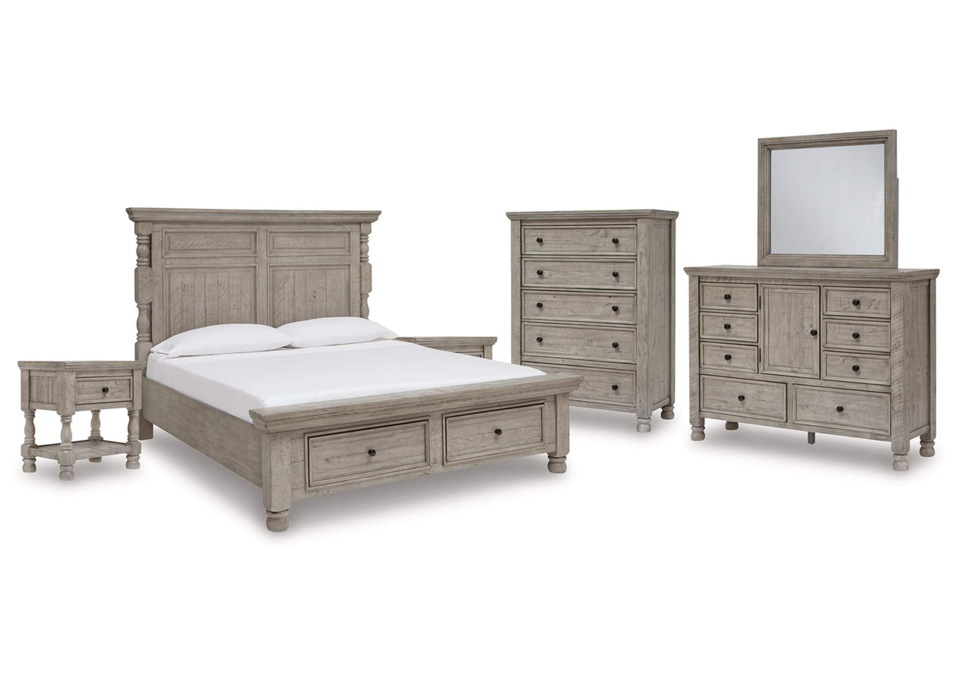 Harrastone Queen Panel Bed with Mirrored Dresser, Chest and 2 Nightstands,Millennium