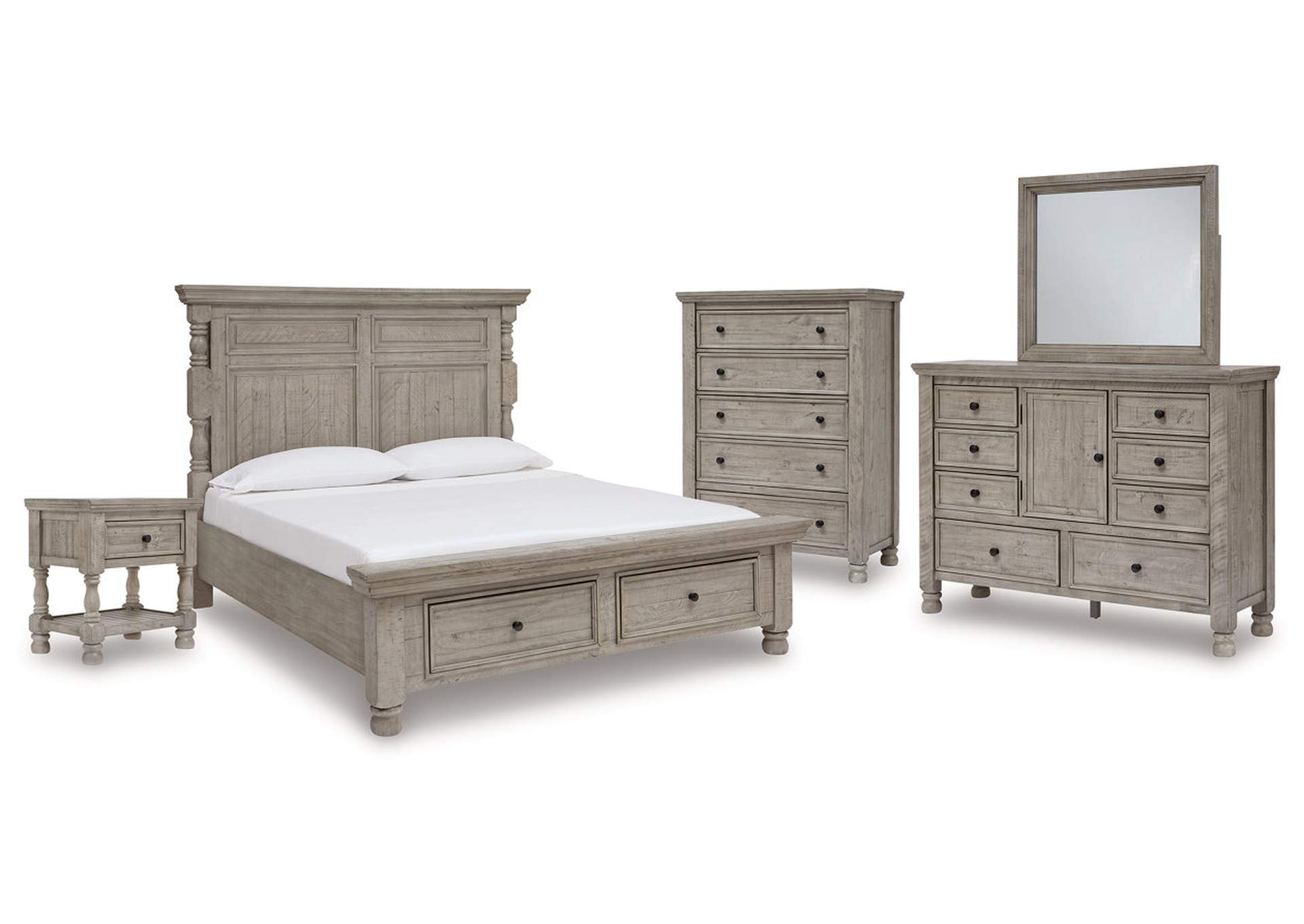 Harrastone King Panel Bed with Mirrored Dresser, Chest and Nightstand,Millennium