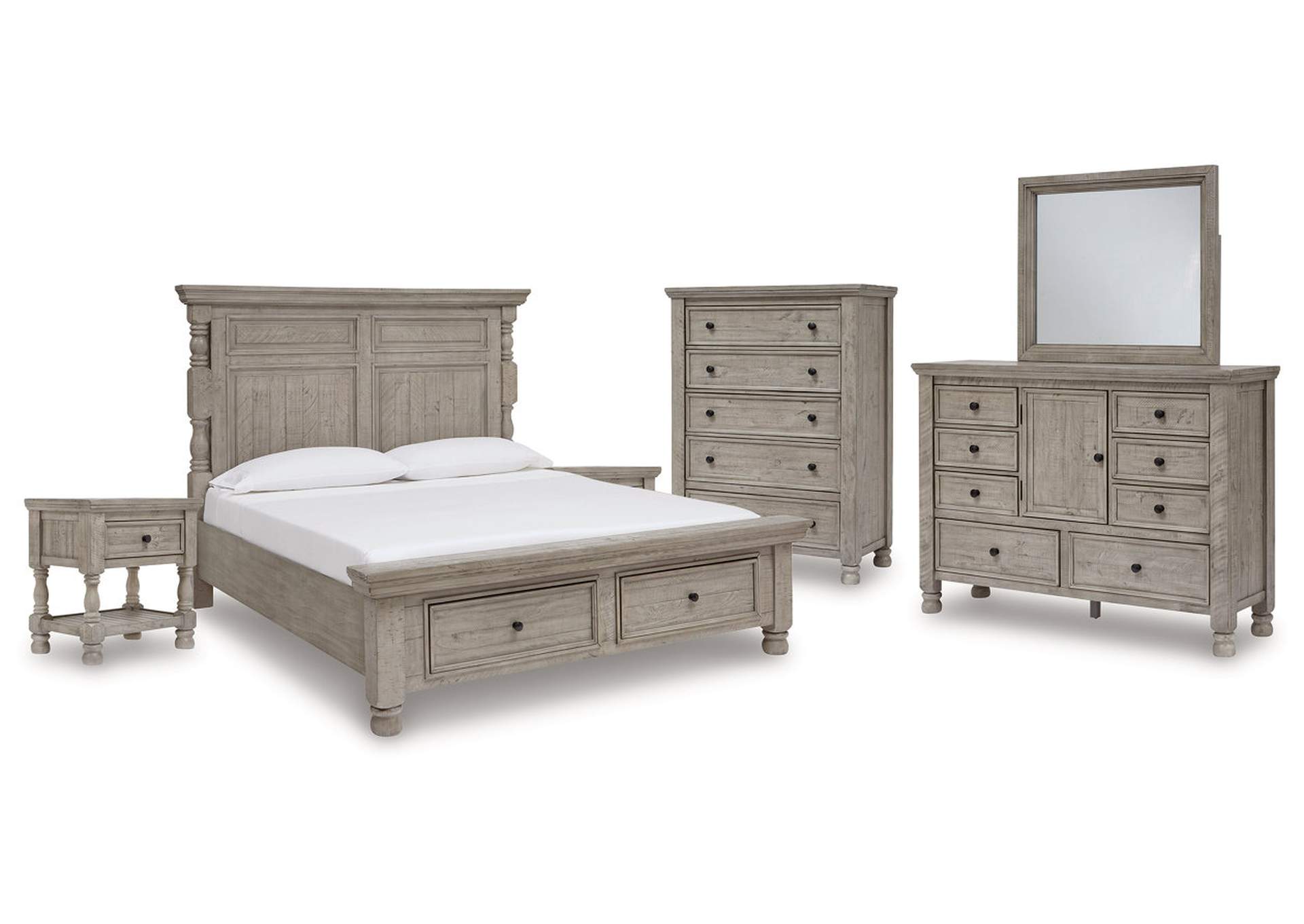 Harrastone King Panel Bed with Mirrored Dresser, Chest and 2 Nightstands,Millennium