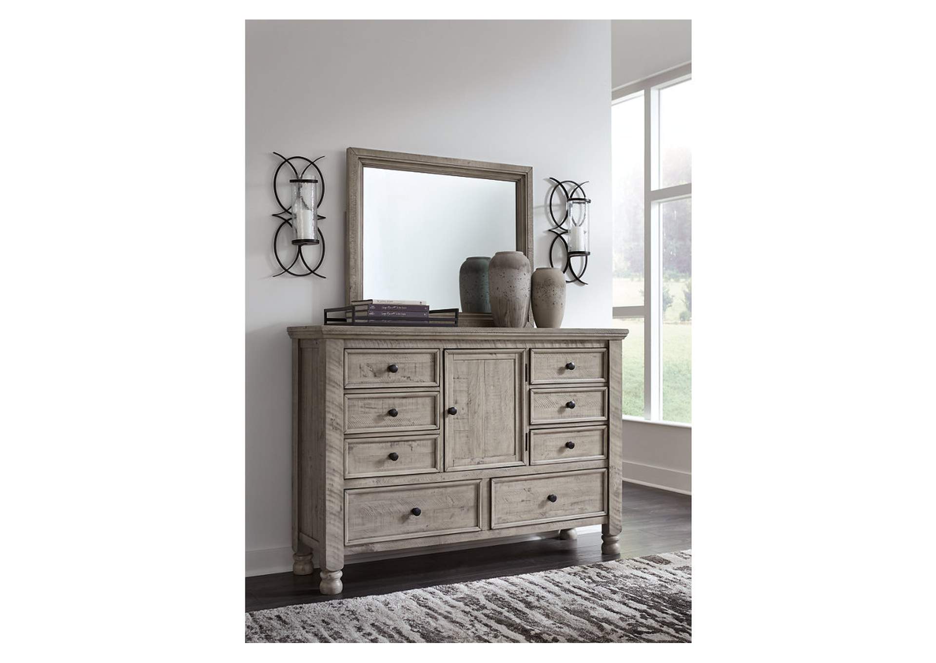 Harrastone California King Panel Bed with Mirrored Dresser and Chest,Millennium