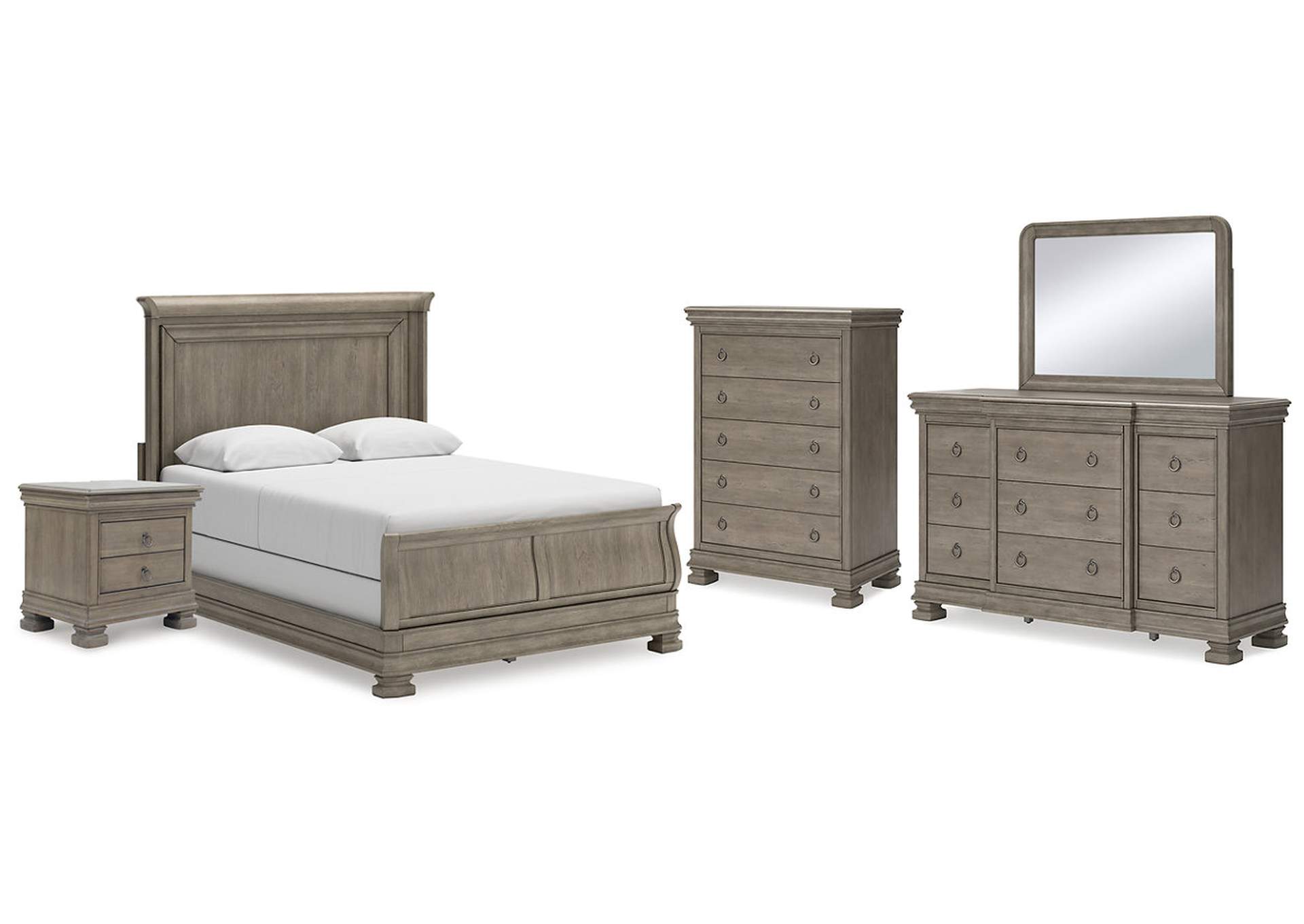 Lexorne Queen Sleigh Bed with Mirrored Dresser, Chest and Nightstand,Signature Design By Ashley