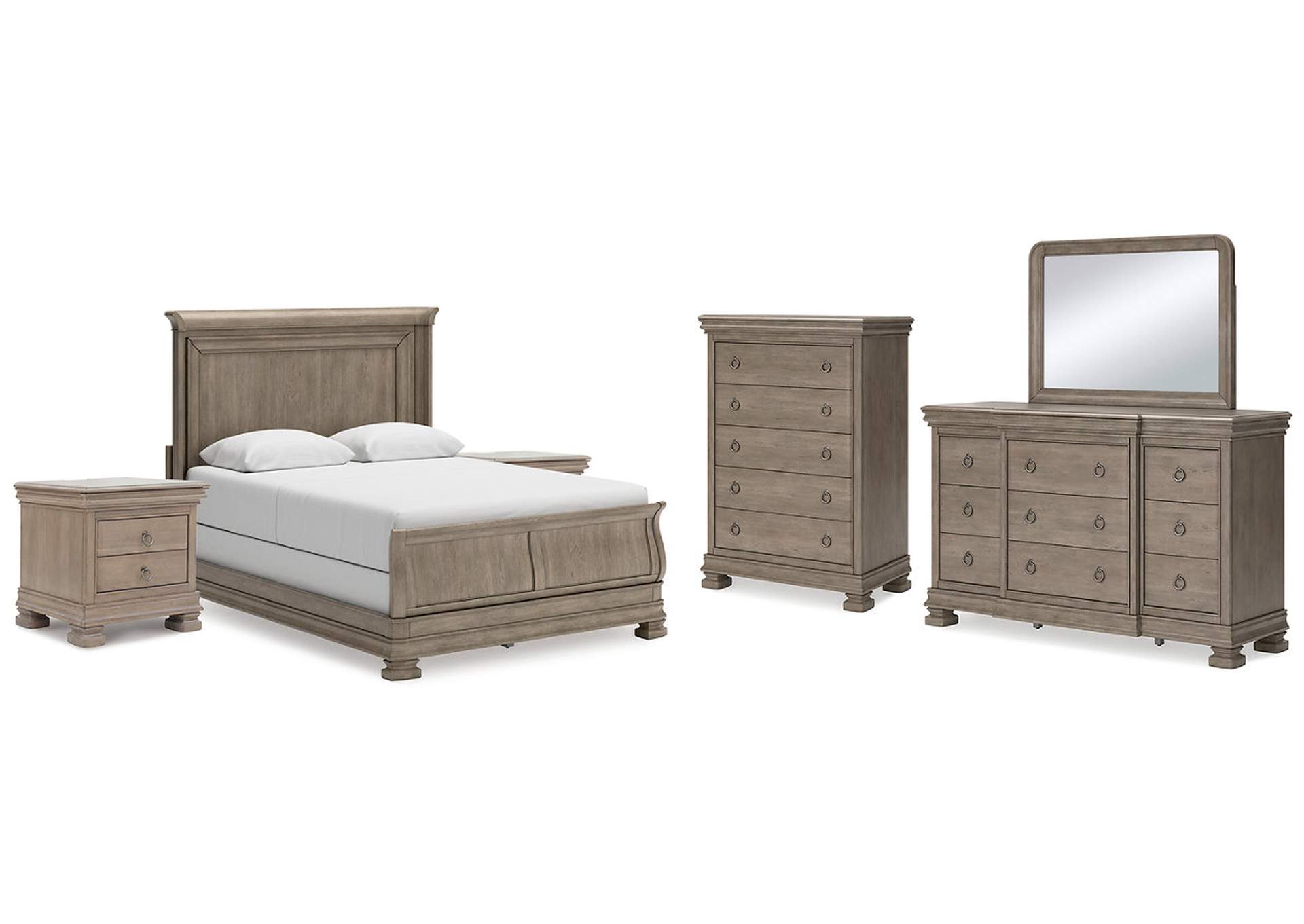 Lexorne Queen Sleigh Bed with Mirrored Dresser, Chest and 2 Nightstands,Signature Design By Ashley