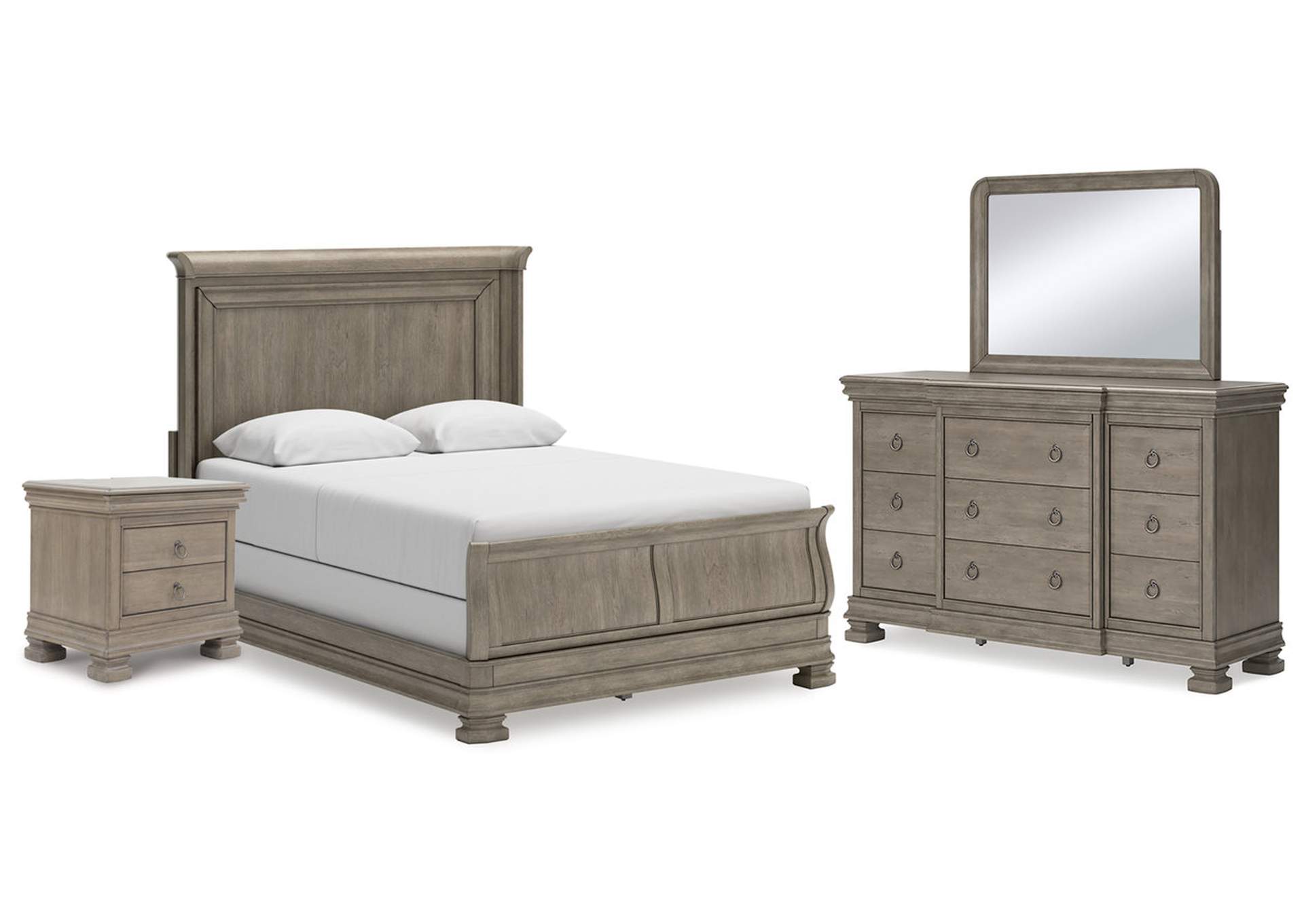 Lexorne Queen Sleigh Bed with Mirrored Dresser and Nightstand,Signature Design By Ashley