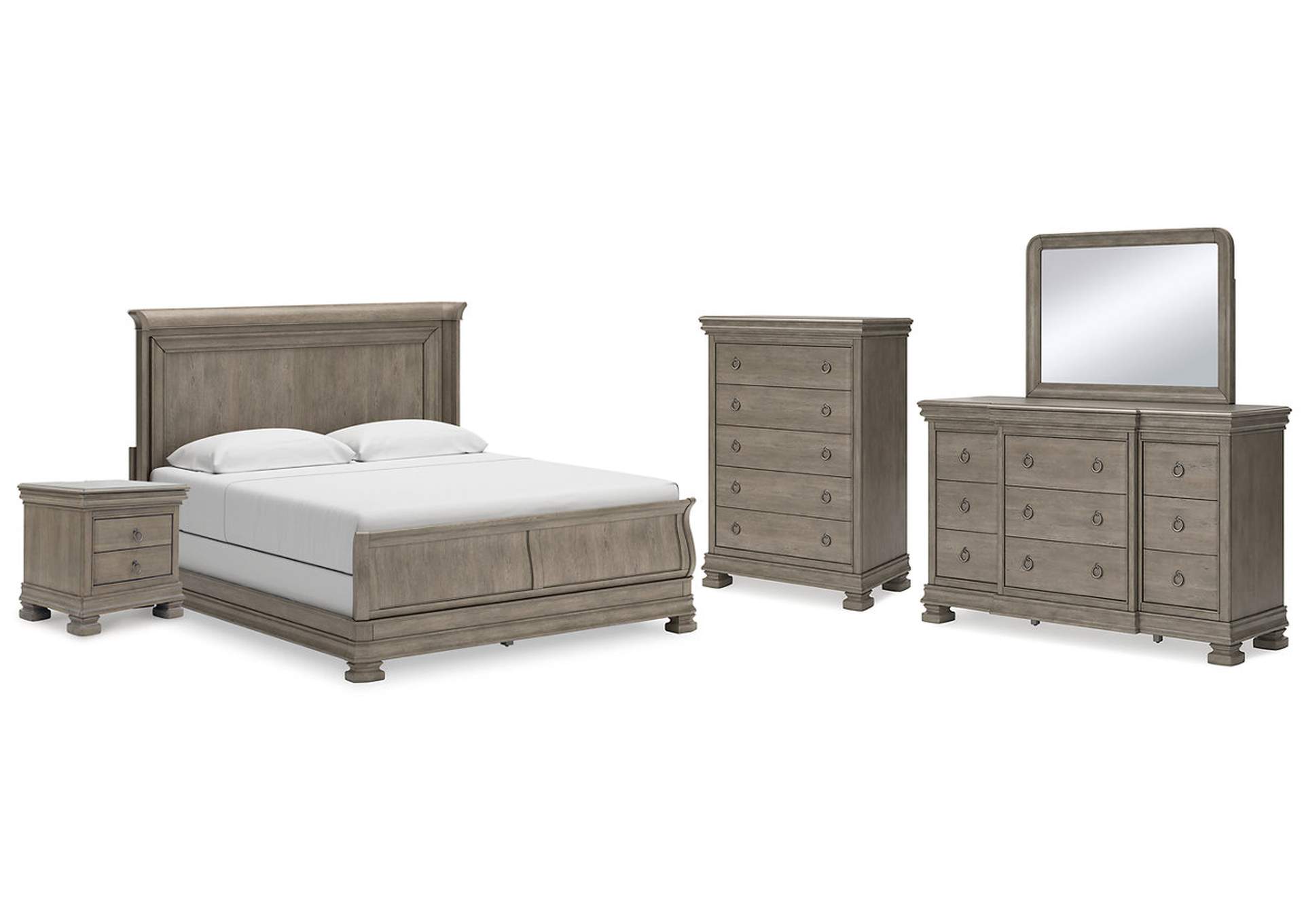 Lexorne King Sleigh Bed with Mirrored Dresser, Chest and Nightstand,Signature Design By Ashley