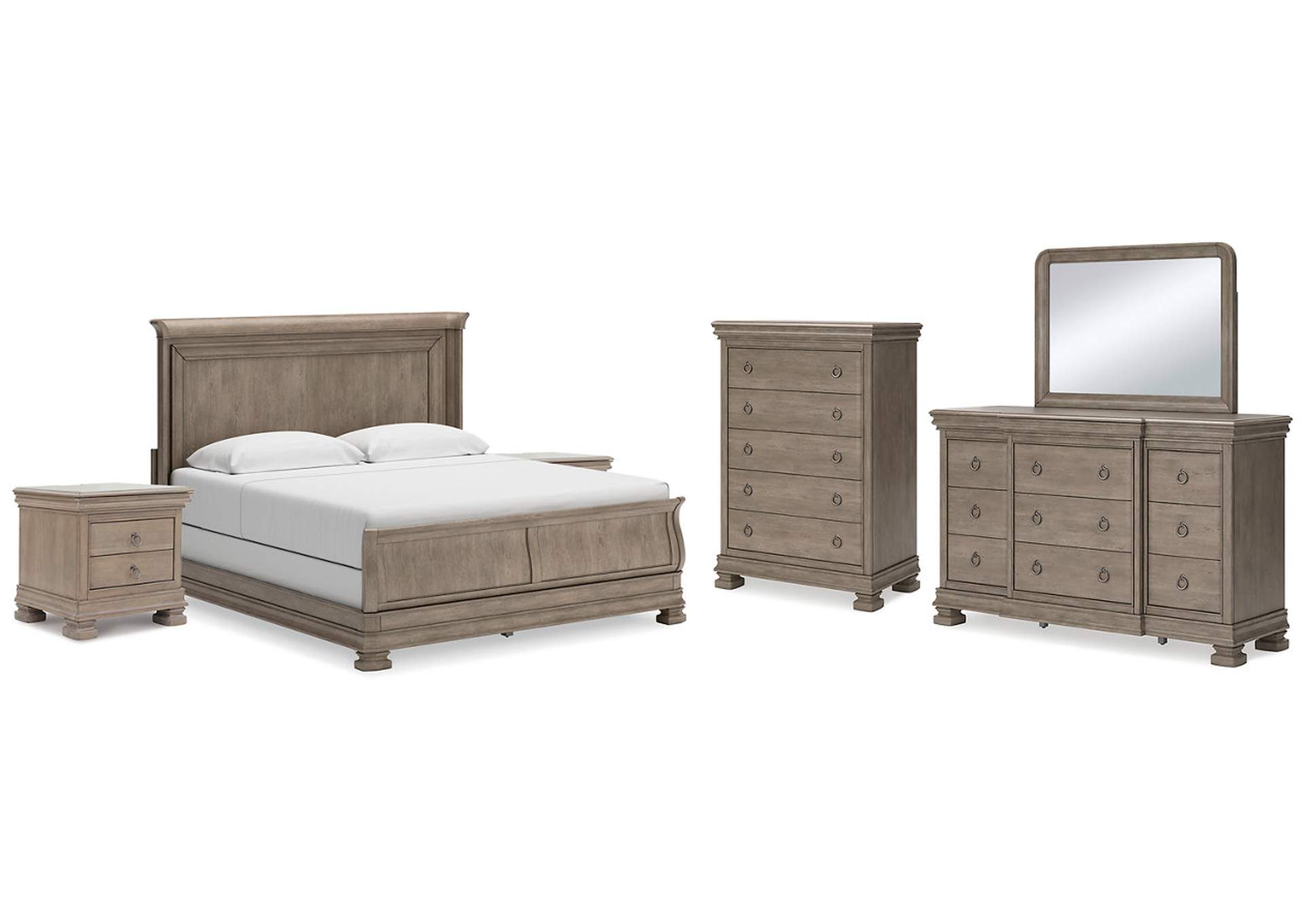 Lexorne King Sleigh Bed with Mirrored Dresser, Chest and 2 Nightstands,Signature Design By Ashley