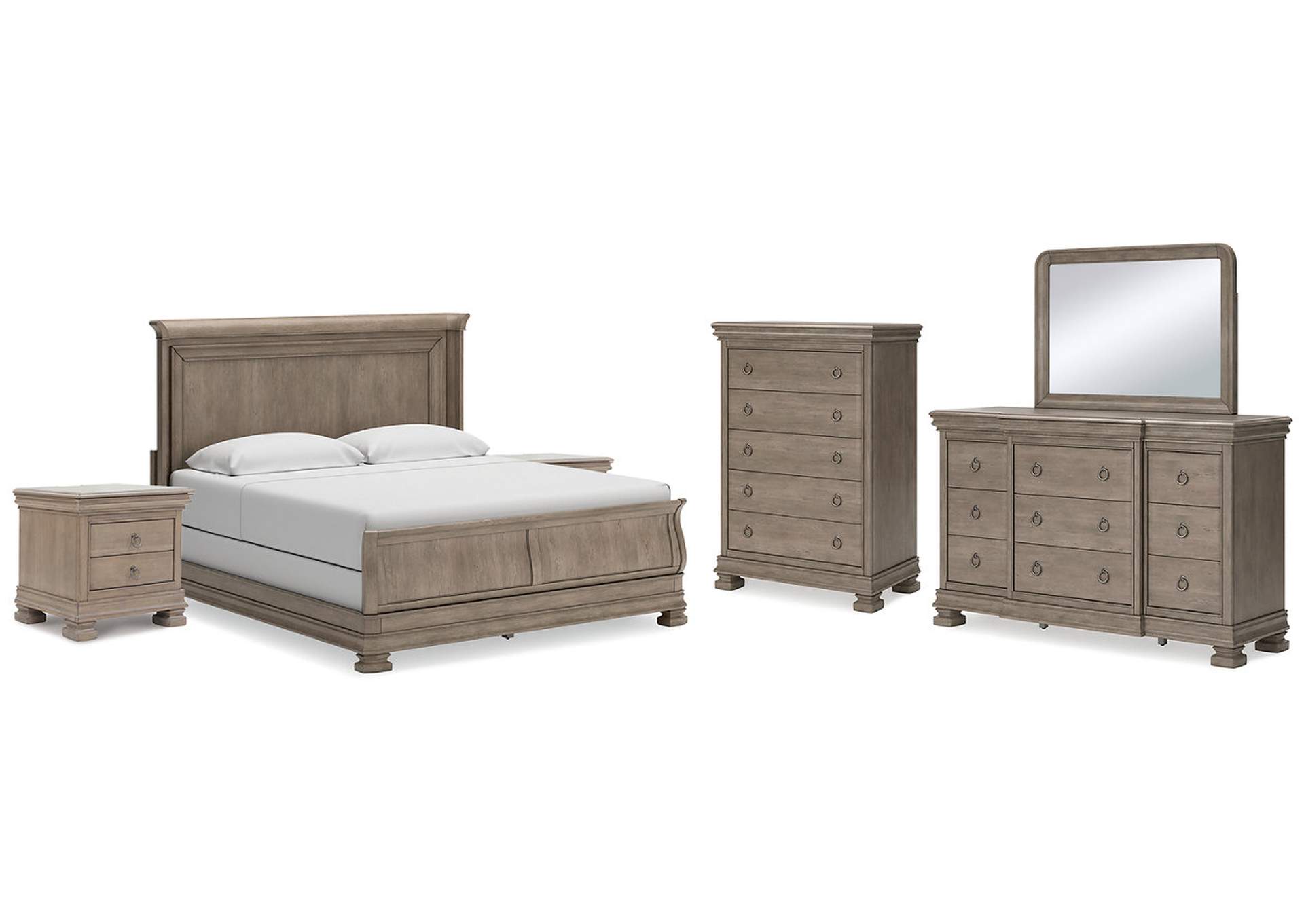 Lexorne California King Sleigh Bed with Mirrored Dresser, Chest and 2 Nightstands,Signature Design By Ashley