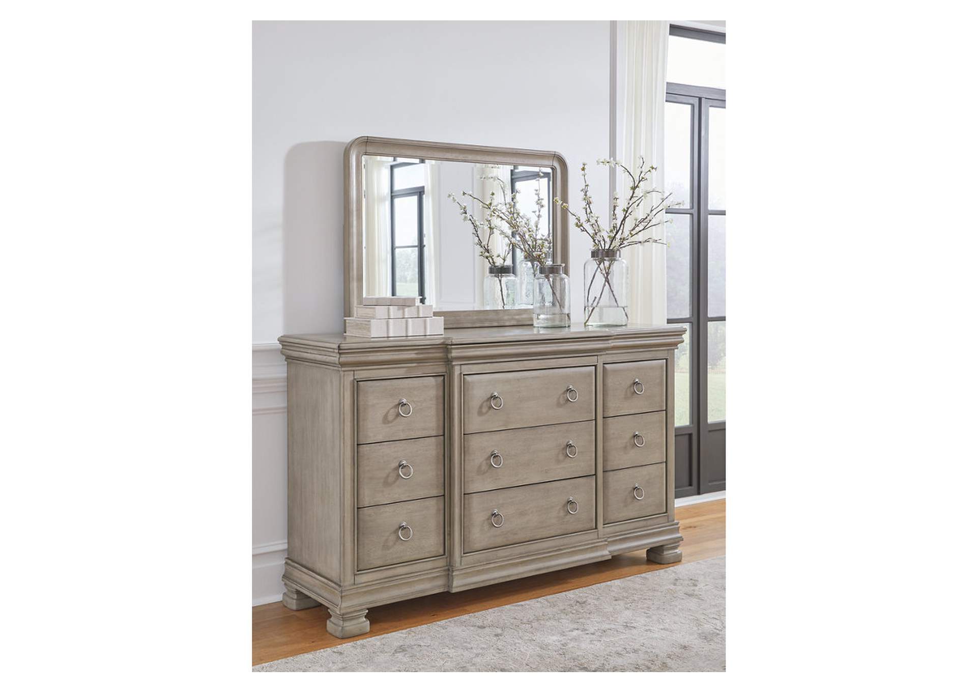 Lexorne Queen Sleigh Bed with Mirrored Dresser and Nightstand,Signature Design By Ashley