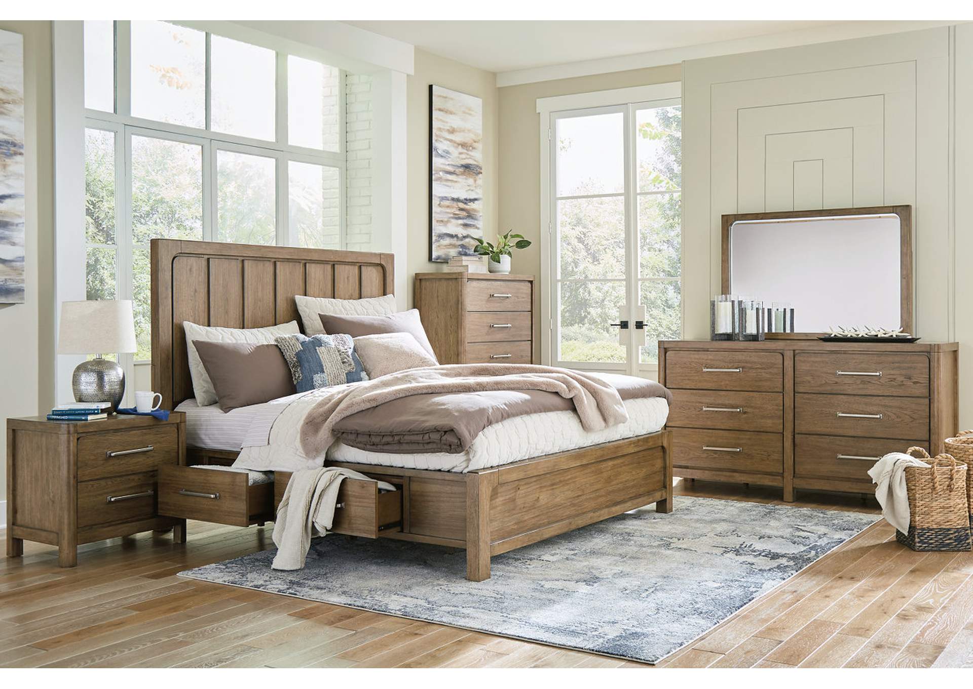 Cabalynn King Panel Bed with Storage with Mirrored Dresser, Chest and Nightstand,Signature Design By Ashley