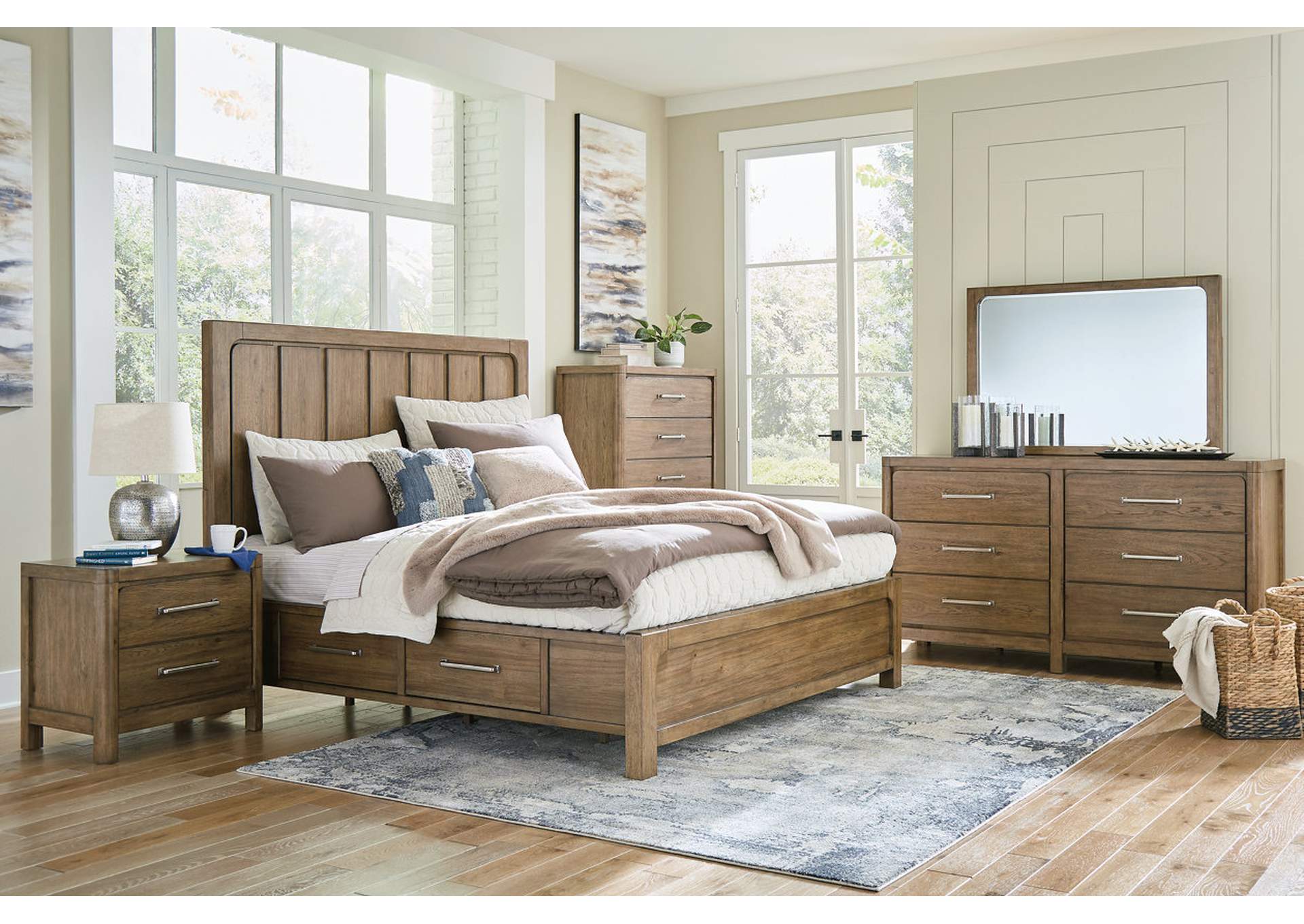 Cabalynn King Panel Bed with Storage with Mirrored Dresser, Chest and 2 Nightstands,Signature Design By Ashley