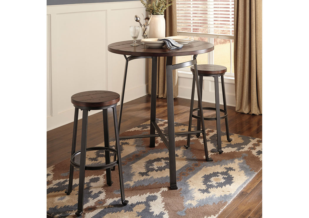 Challiman Rustic Brown Round Dining Room Bar Table w/ 2 Tall Stools,ABF Signature Design by Ashley