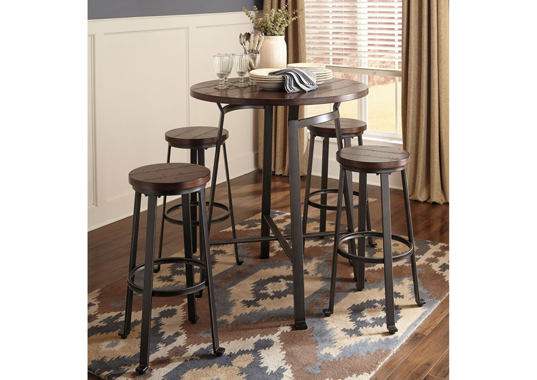 Challiman Rustic Brown Round Dining Room Bar Table w/ 4 Tall Stools,ABF Signature Design by Ashley