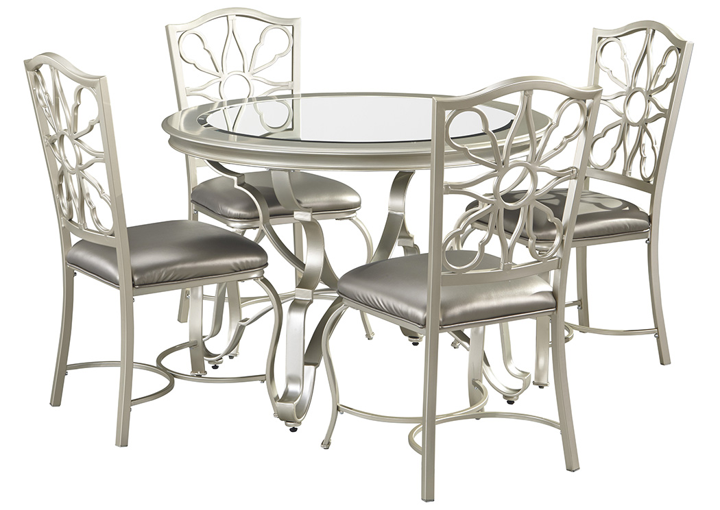 Shollyn Silver Round Dining Room Table w/4 Upholstered Side Chairs,ABF Signature Design by Ashley