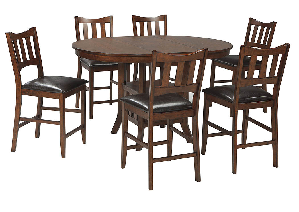 Renaburg Medium Brown Oval Dining Room Counter Extension Table w/ 6 Upholstered Barstools,ABF Signature Design by Ashley