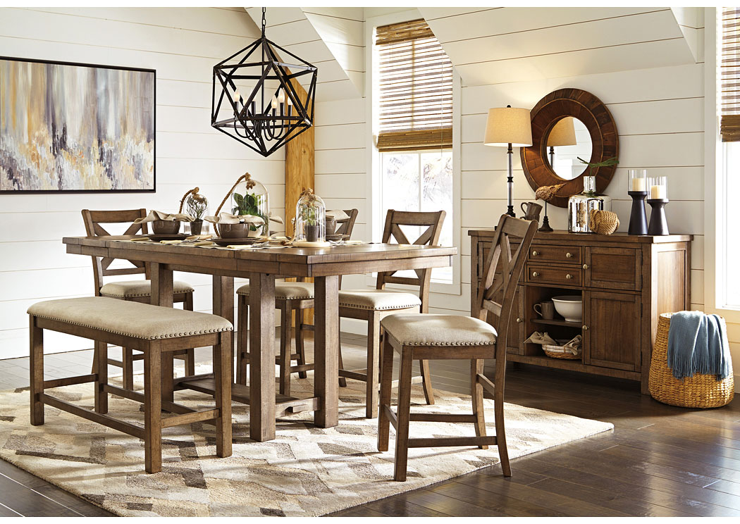 Moriville Counter Height Dining Table and 4 Barstools and Bench with Storage,Signature Design By Ashley