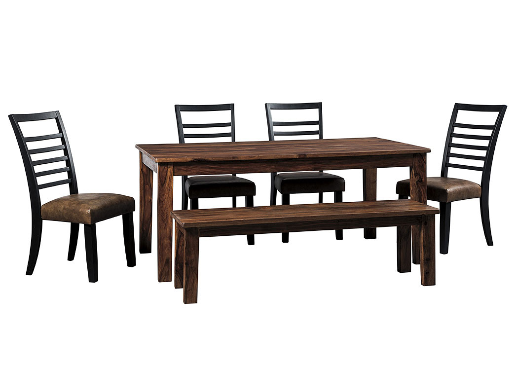 Manishore Brown Rectangular Dining Room Table w/Bench and 4 Upholstered Side Chairs,ABF Signature Design by Ashley