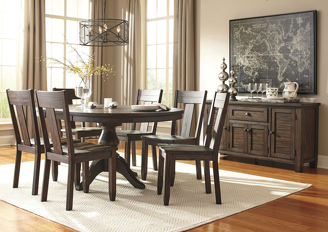 Trudell Golden Brown Round Dining Room Extension Pedestal Table w/ 6 Side Chairs,ABF Signature Design by Ashley