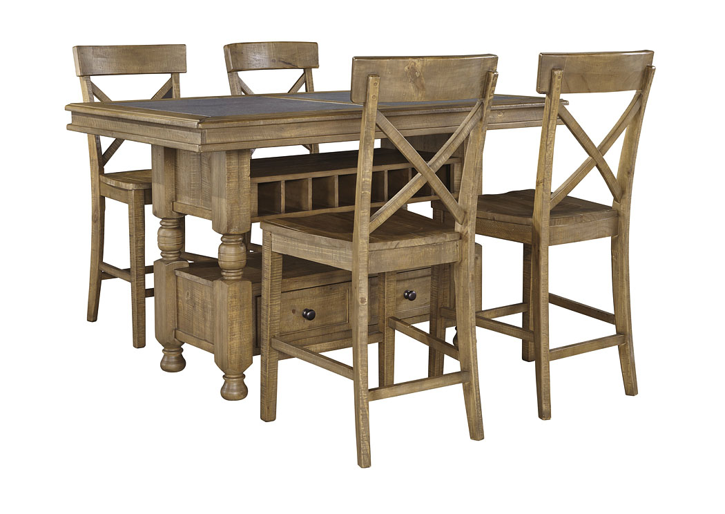 Trishley Light Brown Rectangular Counter Table w/Storage and 4 Barstools,ABF Signature Design by Ashley