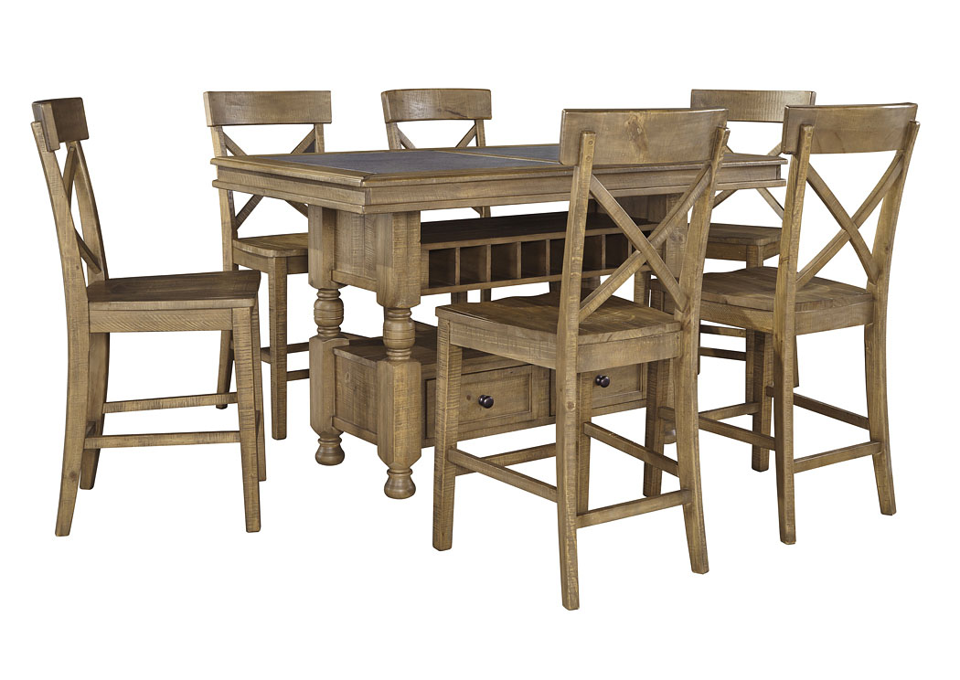 Trishley Light Brown Rectangular Counter Table w/Storage and 6 Barstools,ABF Signature Design by Ashley