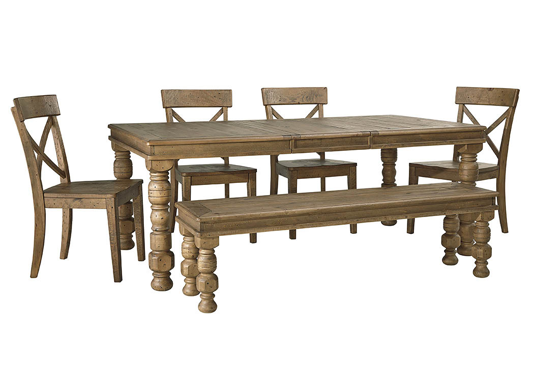 Trishley Light Brown Rectangular Dining Room Extension Table w/ Bench and 4 Side Chairs,ABF Signature Design by Ashley