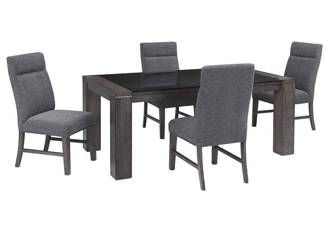 Chansey Dark Gray Rectangular Glass Top Dining Room Table w/4 Upholstered Side Chairs,ABF Signature Design by Ashley