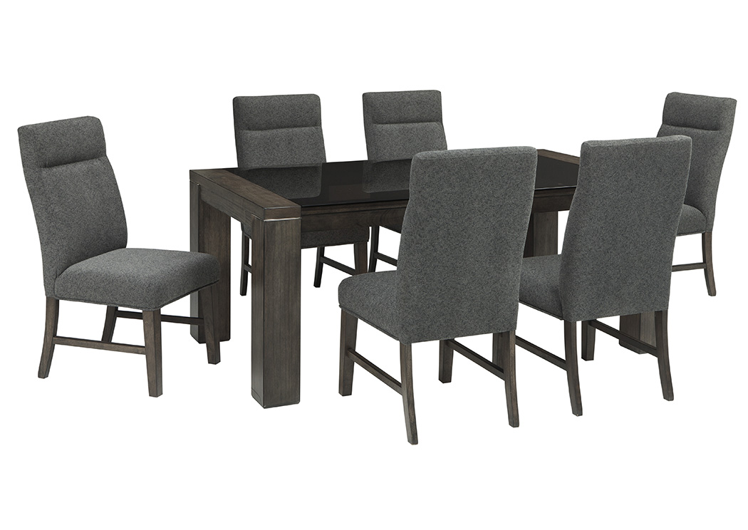 Chansey Dark Gray Rectangular Glass Top Dining Room Table w/6 Upholstered Side Chairs,ABF Signature Design by Ashley