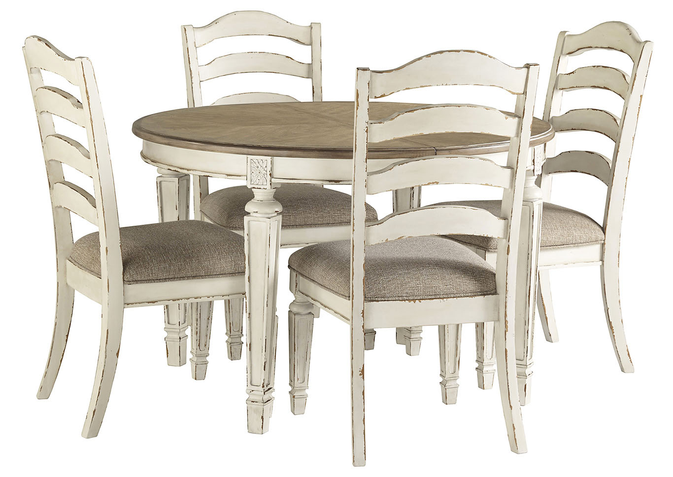 Realyn Chipped White Dining Set w/4 Side Chairs Furniture Mattress