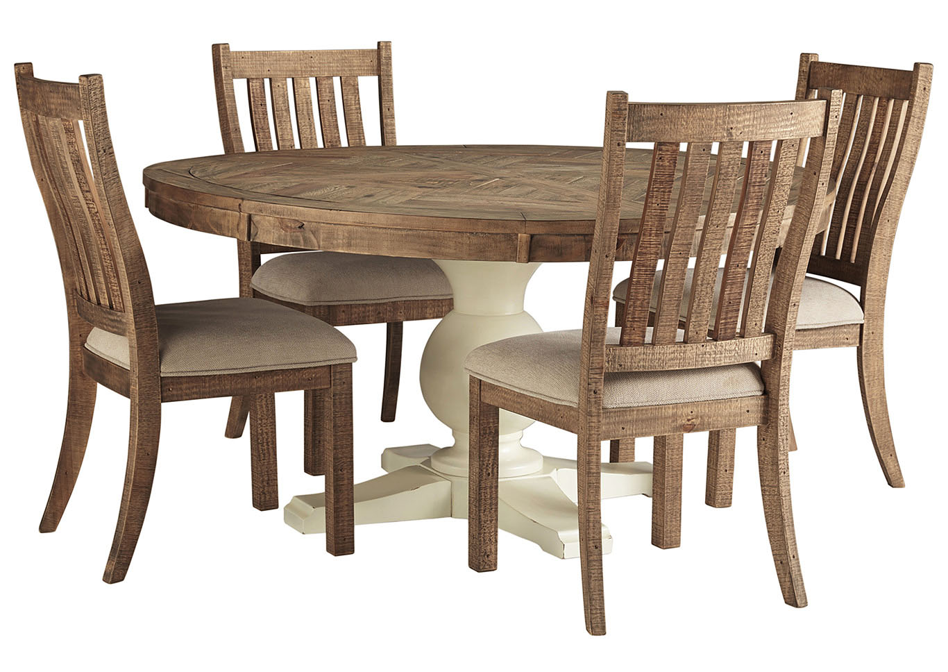 <Grindleburg Round Dining Table w/4 Brown Side Chairs