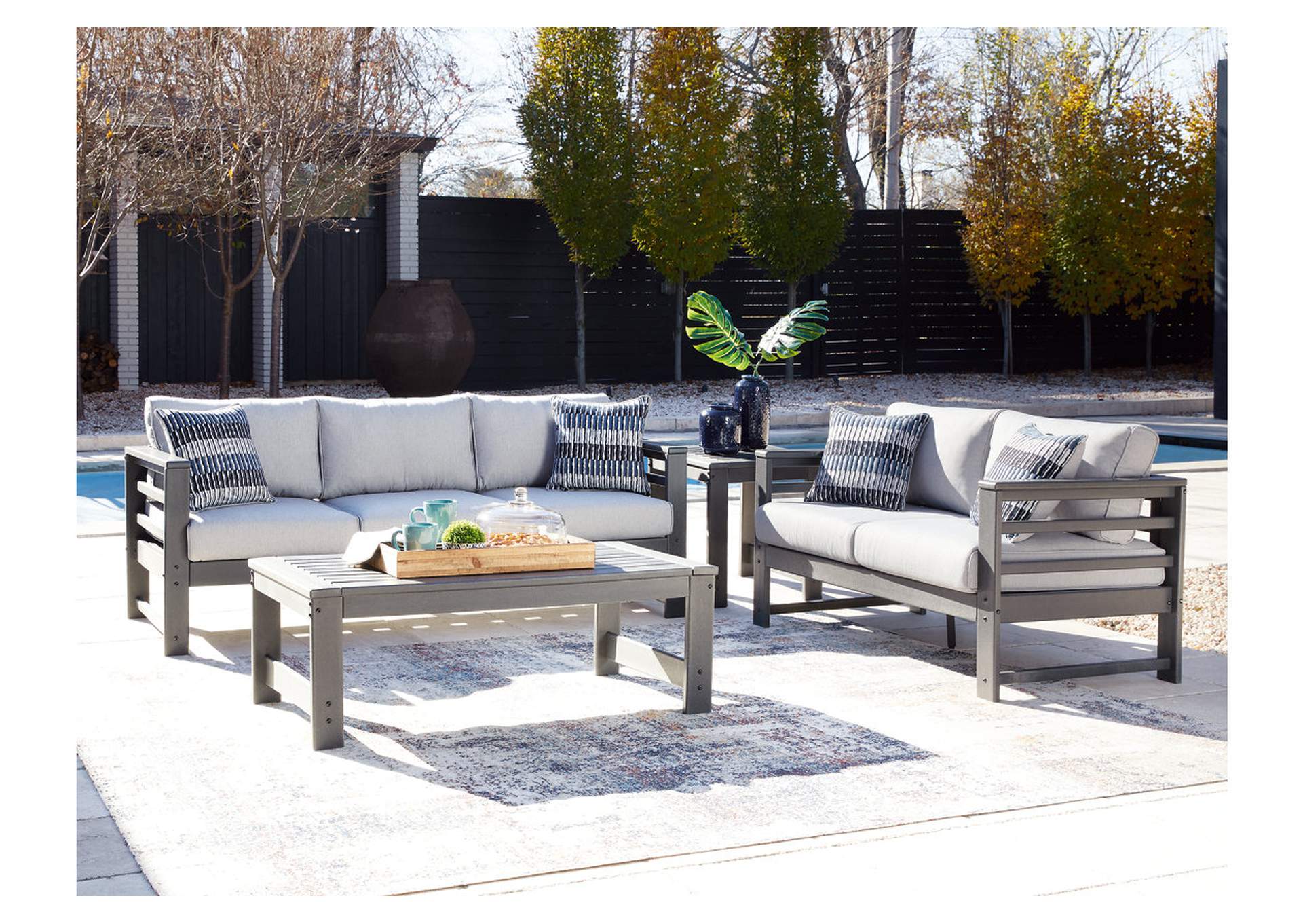 Amora Outdoor Sofa and Loveseat with Coffee Table and 2 End Tables,Outdoor By Ashley