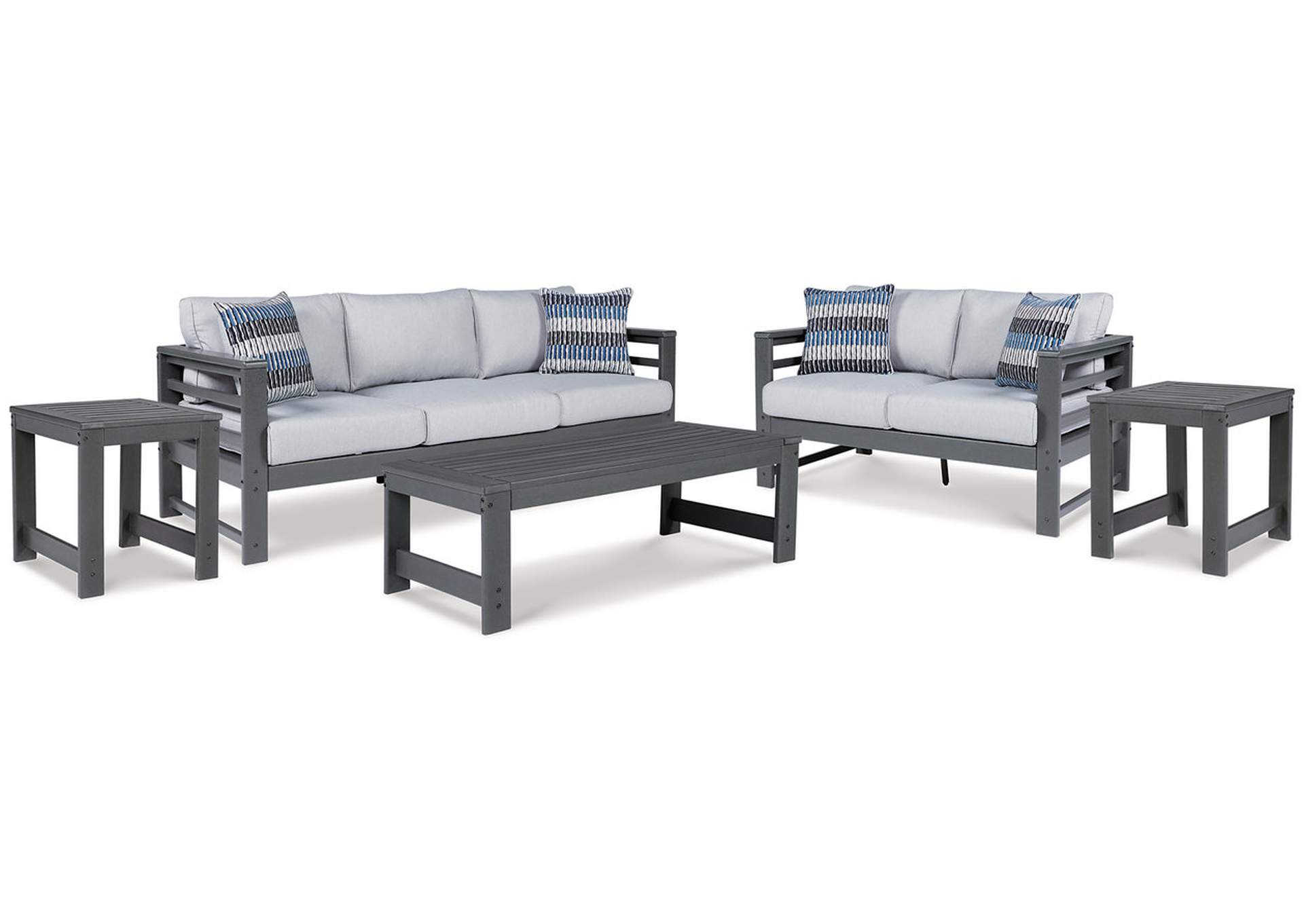 Amora Outdoor Sofa and Loveseat with Coffee Table and 2 End Tables,Outdoor By Ashley