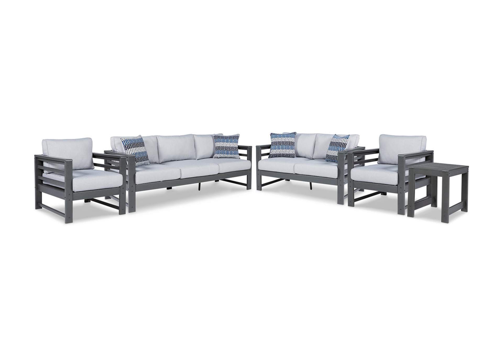 Amora Outdoor Sofa, Loveseat and 2 Lounge Chairs with End Table