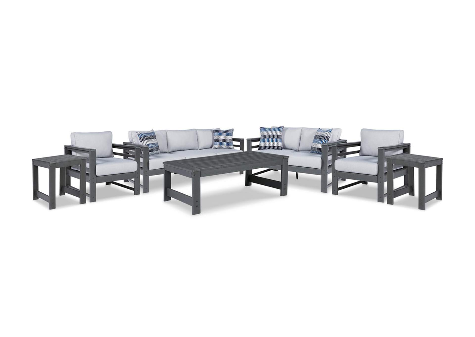Amora Outdoor Sofa, Loveseat and 2 Lounge Chairs with Coffee Table and 2 End Tables,Outdoor By Ashley