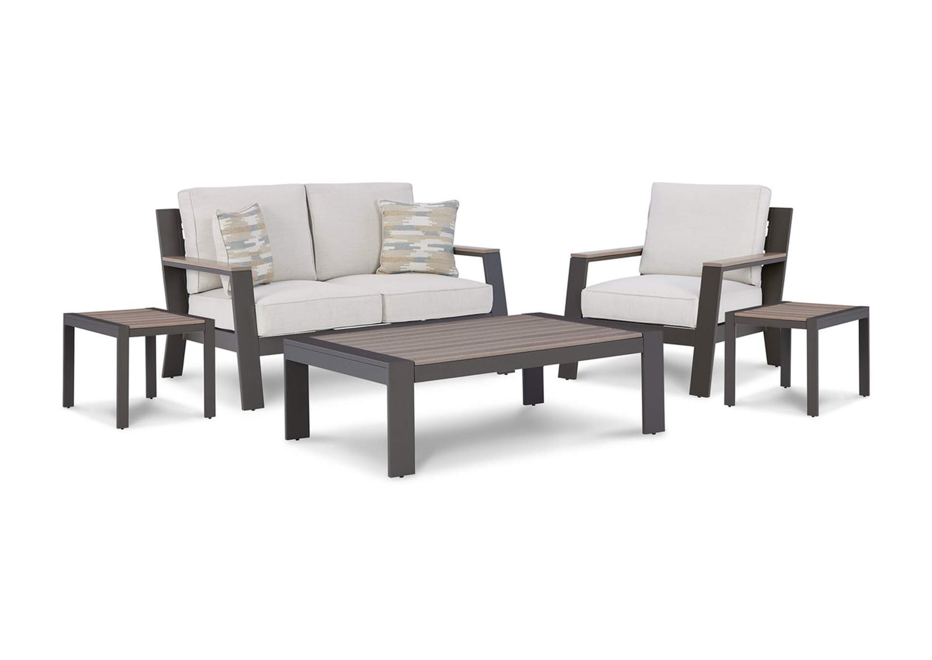 Tropicava Outdoor Loveseat and Lounge Chair with Coffee Table and 2 End Tables,Outdoor By Ashley