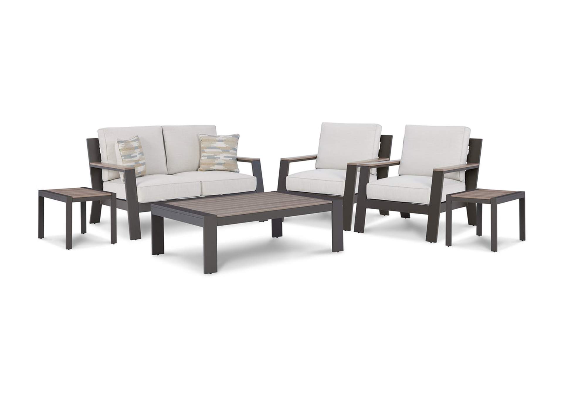 Tropicava Outdoor Loveseat and 2 Lounge Chairs with Coffee Table and 2 End Tables,Outdoor By Ashley