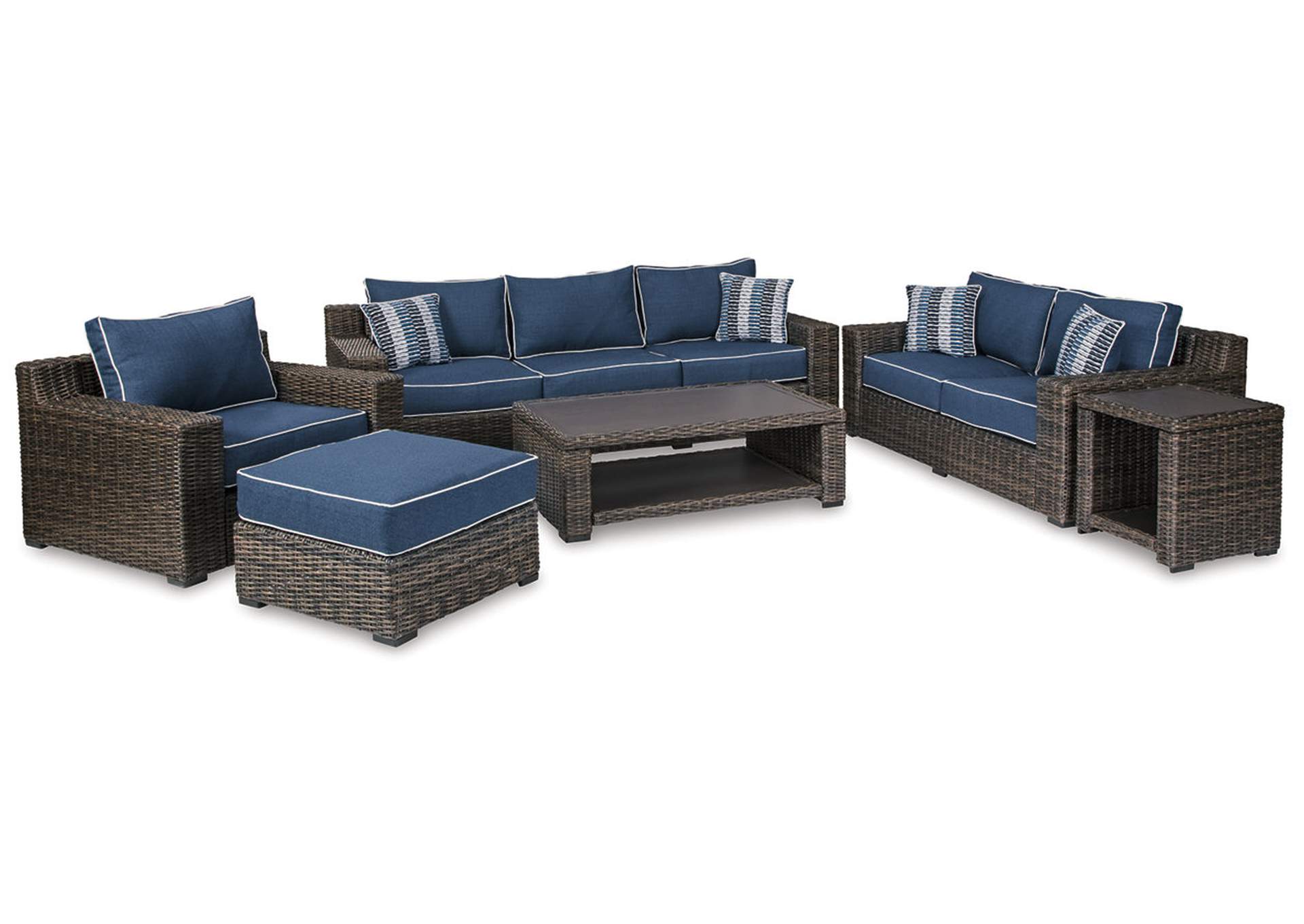 Grasson Lane Outdoor Sofa, Loveseat, Lounge Chair and Ottoman with Coffee Table and End Table