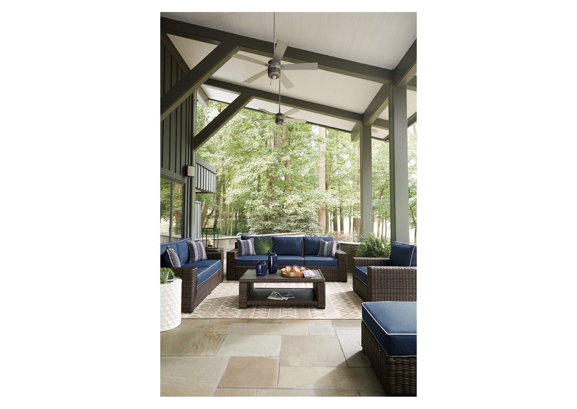 Grasson Lane Outdoor Sofa, Loveseat, Lounge Chair and Ottoman with Coffee Table and End Table,Outdoor By Ashley