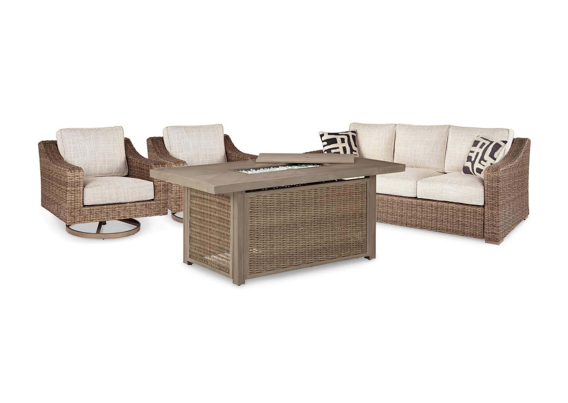 Beachcroft Outdoor Sofa and 2 Lounge Chairs with Fire Pit Table