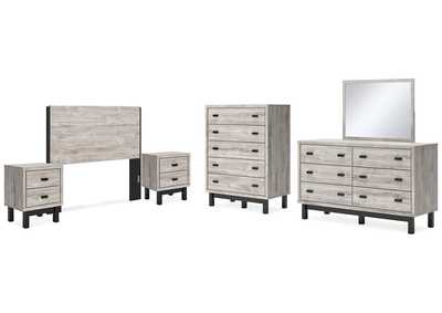 Vessalli Queen Panel Headboard with Mirrored Dresser, Chest and 2 Nightstands