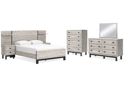 Vessalli Queen Panel Bed with Headboard Extensions and 2 Nightstands with Mirrored Dresser and Chest