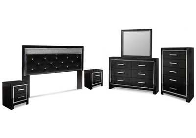 Image for Kaydell King Upholstered Panel Headboard with Mirrored Dresser, Chest and 2 Nightstands
