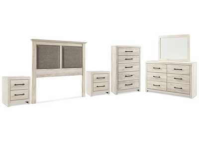 Image for Cambeck Queen Upholstered Panel Headboard with Mirrored Dresser, Chest and 2 Nightstands