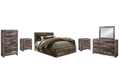 Derekson Queen Panel Bed with 4 Storage Drawers with Mirrored Dresser, Chest and 2 Nightstands,Benchcraft