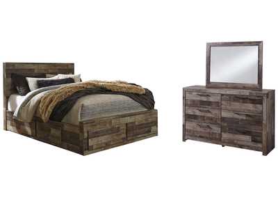 Derekson Queen Panel Bed with 4 Storage Drawers with Mirrored Dresser,Benchcraft