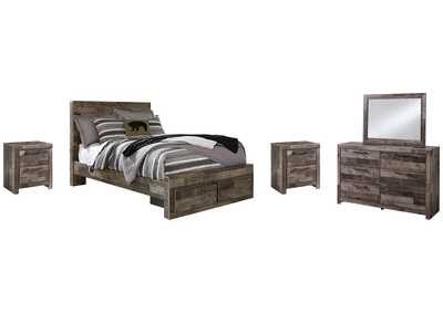 Derekson Full Panel Bed with 2 Storage Drawers with Mirrored Dresser and 2 Nightstands