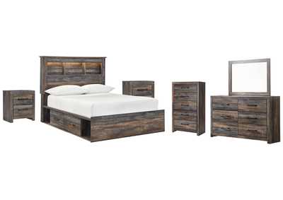 Image for Drystan Full Bookcase Bed with 2 Storage Drawers with Mirrored Dresser, Chest and 2 Nightstands