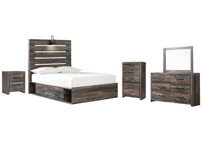 Image for Drystan Full Panel Bed with 2 Storage Drawers with Mirrored Dresser, Chest and Nightstand