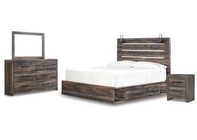 Drystan King Panel Bed with Storage, Dresser, Mirror and Nightstand