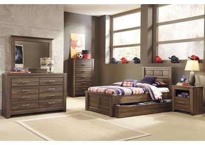 Image for Juararo Twin Panel Storage Bed, Youth Dresser, Mirror, Chest & One Drawer Night Stand