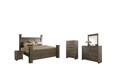 Image for Juararo California King Poster Bed with Mirrored Dresser, Chest and Nightstand