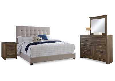 Dolante Queen Upholstered Bed, Dresser, Mirror and Nightstand